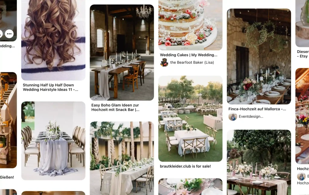 Moodboard erstellen mit Inspirationen für Hochzeitsdekoration, Farben, Materialien und Tischgestaltung