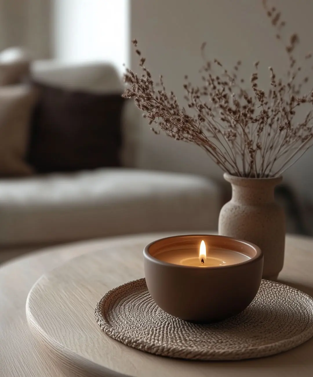 Kerze in einer schlichten Schale auf einem runden Tisch, daneben eine Vase mit getrockneten Gräsern in einem ruhig gestalteten, hellen Wohnraum.